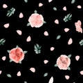 Floral seamless background. Watercolor pink and red flowers and petals  green leaves. Black background. Royalty Free Stock Photo